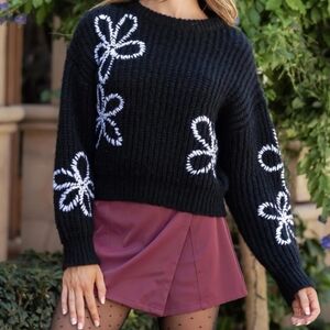 Black and White Floral Knit Sweater